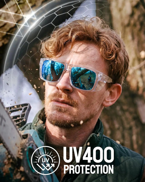 Man wearing Tough As Nails Wraparound Safety Sunglasses Featuring Detachable Side Shields Impact Resistant Tinted Lenses.