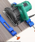Adjustable Circular Saw Track Guide Rail For Precision Edge Positioning with blue clamps on wood for accurate cutting.