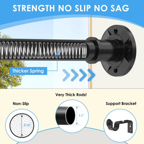Extra Long Tension Curtain Rod No Drilling Adjustable 31 To 168 Inches Black Heavy Duty Spring Shower Rod For Indoor Outdoor Use Rust Proof Easy Install For Bathroom Patio Window with thicker spring and support bracket detail