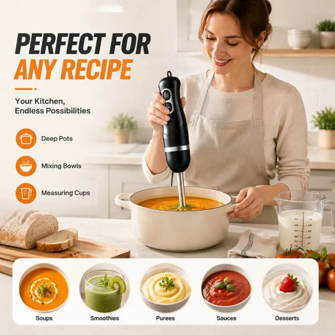 Hella Smooth Corded Immersion Blender With Two Knockout Speeds And A Beefy Copper Motor For Effortless Soup Puree Sauce Blending Paired With Stainless Steel Blades For Zero Fuss Kitchen Prep Magic in use blending soup.