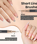 Liner Nail Art Brush Set Of 5 With Palette Holder For Long Lines And Fine Details Metallic Nail Pens 5mm 9mm 15mm 20mm 25mm Pro Grade Manicure Tools For Clean Snappy Nail Designs, featuring 5mm and 9mm brushes for detailed nail art designs.