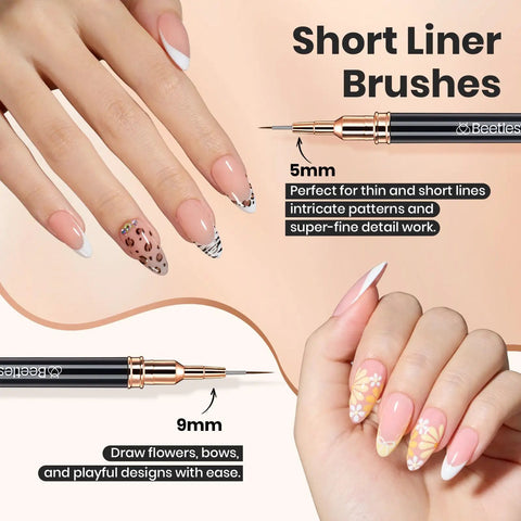 Liner Nail Art Brush Set Of 5 With Palette Holder For Long Lines And Fine Details Metallic Nail Pens 5mm 9mm 15mm 20mm 25mm Pro Grade Manicure Tools For Clean Snappy Nail Designs, featuring 5mm and 9mm brushes for detailed nail art designs.
