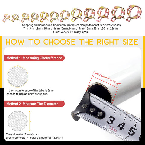 How to choose size for Must Have 121 Piece Spring Band Clips Kit With 12 Sizes From 7mm To 22mm Hose Clamps Pliers Fuel Silicone Vacuum Hose Fasteners For Low Pressure Air Tubes DIY Auto Repair Set For Quick Fixes And Tight Seals with tape measure and hose diagram