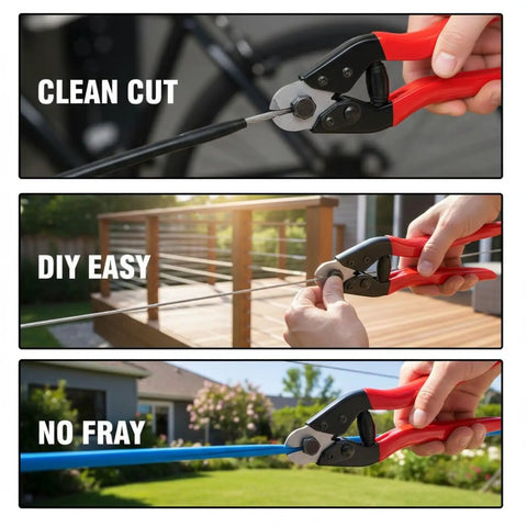 Beefy 8 Inch Wire Rope Cutter With Chrome Vanadium Steel Blade And Ergonomic PVC Handle, Lever Action Cable Cutter For Brake Cables, Clotheslines, Bike Cables, And More, Multi Function Cutting Pliers cutting cable with red PVC handles