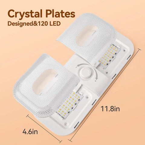 Interior RV Dome Lights Kit With 1700 Lumen Output, 3 Color Modes, 12V LED showing dimensions, crystal plates, and 120 LEDs