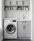 Laundry room with gray cabinets featuring Ten Pack 5 Inch 128mm Hole Center Matte Black Cabinet Pulls Solid Zinc Alloy Drawer Handles installed.