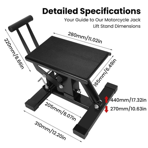 Beefy 400 Lb Motorcycle Jack Lift Stand With Adjustable Height Hydraulic Hoist Table dimensions, black aluminum structure