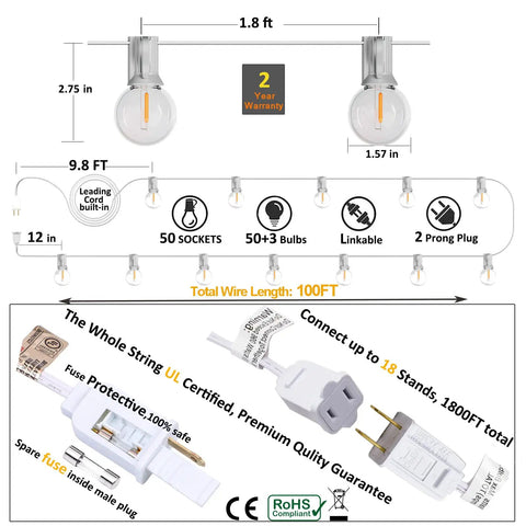 Diagram of 100 Feet Outdoor G40 Globe String Lights Waterproof IP44 Dope Patio Lighting With 53 Shatterproof Bulbs and plug details.