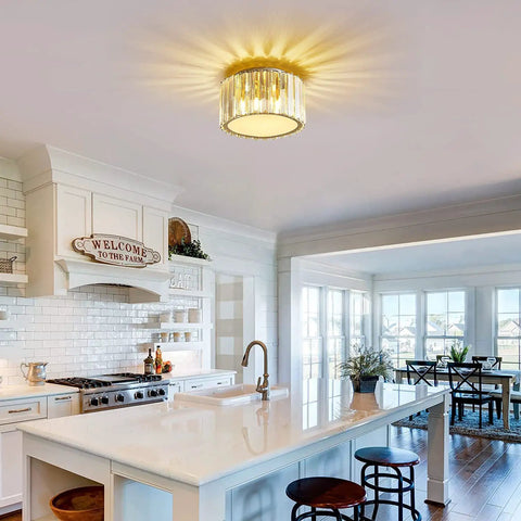 Modern Ceiling Light Fixture Mini Flush Mount Crystal Chandelier For Hallway Bedroom And Bathroom, G9 Socket, Gold Finish
