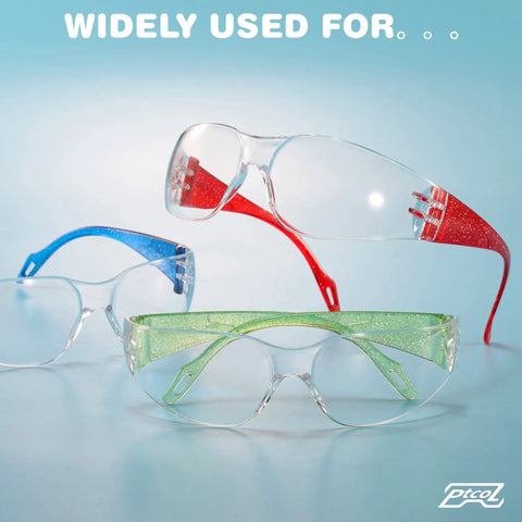 Kid Friendly 24 Pack Safety Glasses With Clear Lenses, ANSI Z87.1 Approved, assorted twinkle color frames in red, green, and blue.