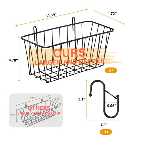 Four Pack Large Grid Wall Baskets With S Hooks For Garage Or Display Shelves Heavy Duty Black Metal Gridwall Organizer Bins Set