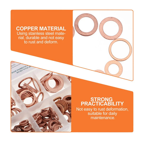 Solid Copper Flat Gasket Set With Smooth Sealing Washers For Auto Oil Leaks And Hydraulic Fluid Repairs, copper washers in storage tray