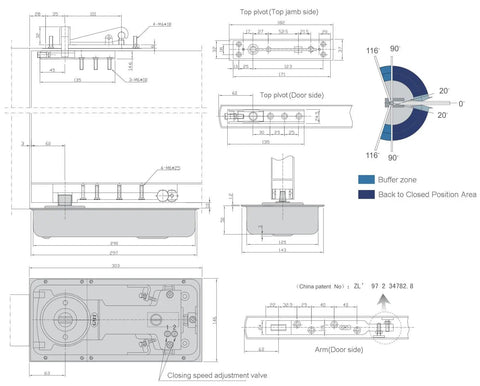 Beefy Floor Spring Glass Hinge N-828 For Heavy Doors, Supports Up To 120KG, Fits 950-1050mm Wide, Opens To 116 Degrees, Center Hung Double Action Door Hardware For Commercial Or Residential Use technical drawing