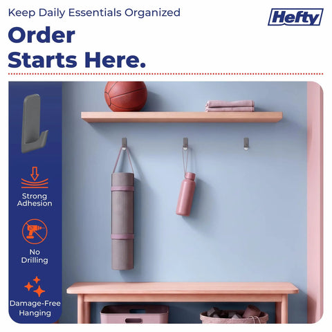 No Drilling Hassle Snap On Your Walls Versatile Adhesive Hooks For Quick Bathroom And Kitchen Refreshes Heavy Duty Grip Keeps Your Place Looking Sharp Total Game Changer For Tight Spots 12 Pack Storm Gray displayed with organized essentials on a wall.