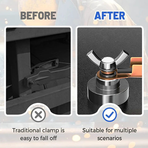 Before and after comparison of Heavy Duty 6pc Magnetic Welding Ground Clamps With Strong Copper Tail Connectors showing enhanced grip.