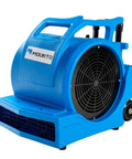 Side view of a blue Three Speed 1HP Air Mover with 4000 CFM, rotomold housing, and wheels for fast floor and carpet drying.