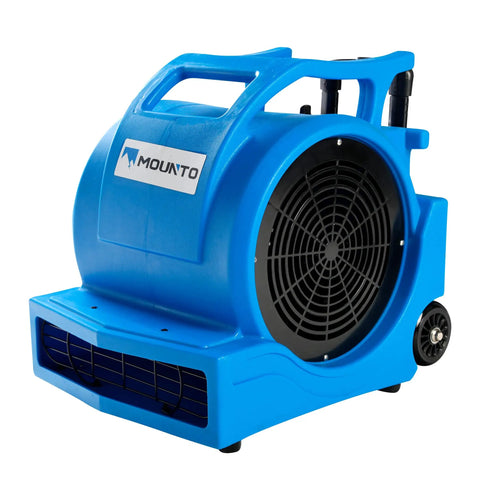 Side view of a blue Three Speed 1HP Air Mover with 4000 CFM, rotomold housing, and wheels for fast floor and carpet drying.