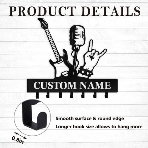 Personalized Guitar Key Holder For Wall With Custom Name, Metal Key Mount Featuring Guitar Silhouette And Bass Hooks, 0.8in hooks