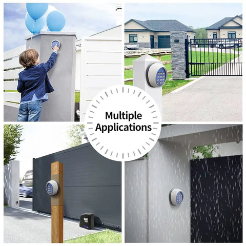 Wireless Gate Keypad With Keyless Entry Numeric Code Panel in various outdoor settings, showing multiple applications for security access control.