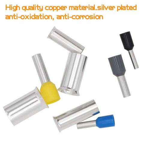 Close-up of 390 Pieces Wire Ferrule Kit For AWG 2 To 16 Copper Crimp Terminals with insulated sleeves, anti-oxidation feature.