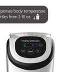Front view of Baby Brezza Formula Pro Mini bottle maker, white with black control panel and blue 8 oz display.