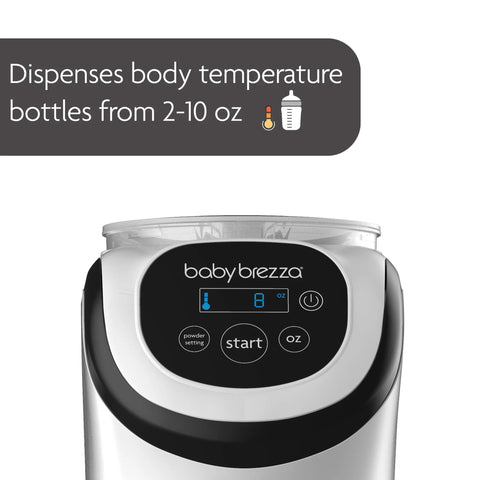 Front view of Baby Brezza Formula Pro Mini bottle maker, white with black control panel and blue 8 oz display.