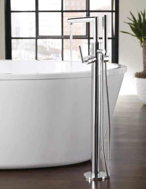 Freestanding Tub Filler Kit with Single Riser for Floor Joist Concrete Mounting includes Mounting Bracket Valve Manifold and Screws