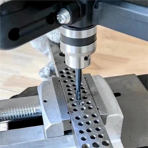 Vertical Drill Press With Tapping Function for Home Shop Use, showing precise tapping on metal, flexible arm in view.