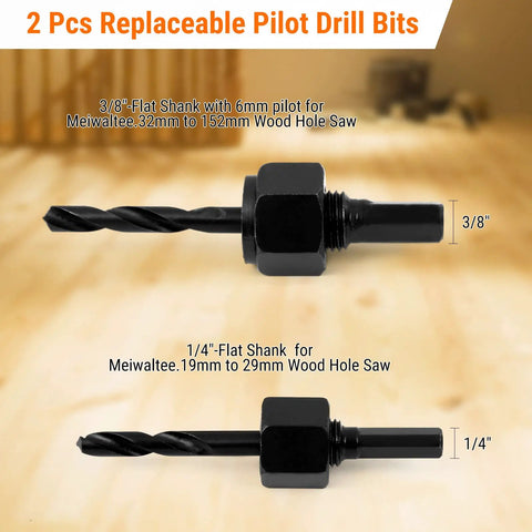 3/8 and 1/4 inch replaceable pilot drill bits from 19-Piece Hole Saw Kit With 3/4 To 6 Inch Hole Saws, 13 Blades, 2 Mandrels, 2 Drill Bits