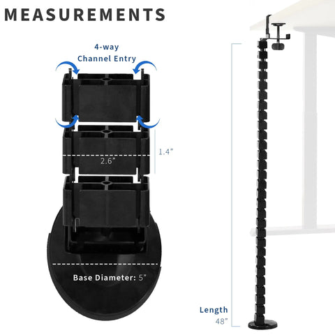 Clamp On Desk Cable Management Kit With Vertebrae System, No Drill And Adjustable Quad Entry Cord Organizer For Home Office, Black, dimensions shown