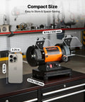 Heavy Duty Bench Buffer Polisher With Hella Adjustable Speed Up To 10600 Rpm And A Straight Up 100 Piece Accessory Kit displayed next to a phone for size comparison.
