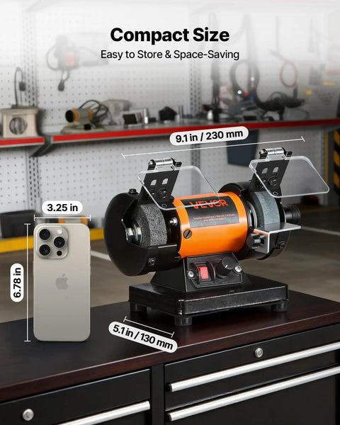 Heavy Duty Bench Buffer Polisher With Hella Adjustable Speed Up To 10600 Rpm And A Straight Up 100 Piece Accessory Kit displayed next to a phone for size comparison.