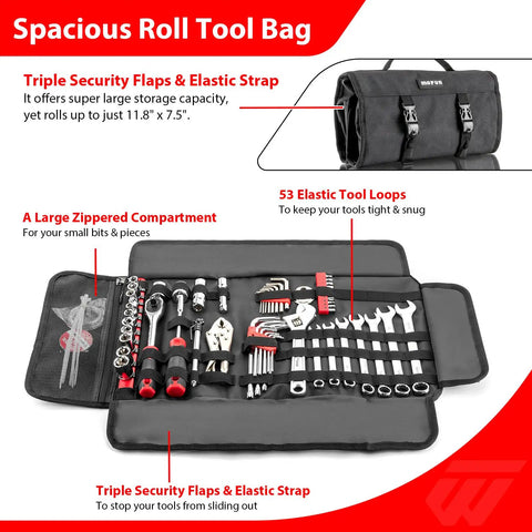 64 Piece Motorcycle Tool Kit With Roll Pouch, open showing tools and storage loops for Harley Davidson and all models.