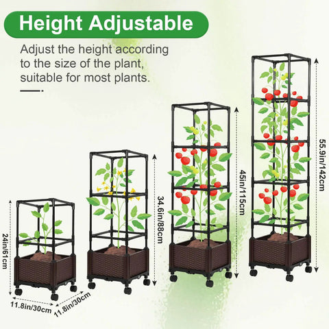 Height adjustable self watering tomato planter with trellis for patio, 55.9 inch raised garden bed pot with trellis and plant support.
