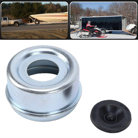 Beefed-Up Trailer Wheel Bearing Protector Hub Cap 2.72 Inch Metal Rubber Dust Cap Cover for boat RV axles, two views