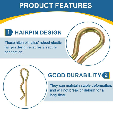 Close-up of hairpin design on 20 Pack 5mm X 100mm R Clips Hitch Pin Clips Colored Zinc Spring Steel Retaining Wire Hair Pins Cotter Pin Set.