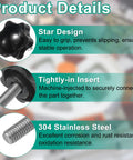 Image showing Four Pack Heavy Duty Star Clamping Knobs With Straight Shot M6 Metric Threads And Rock Solid Stainless Steel Shafts, black grip.