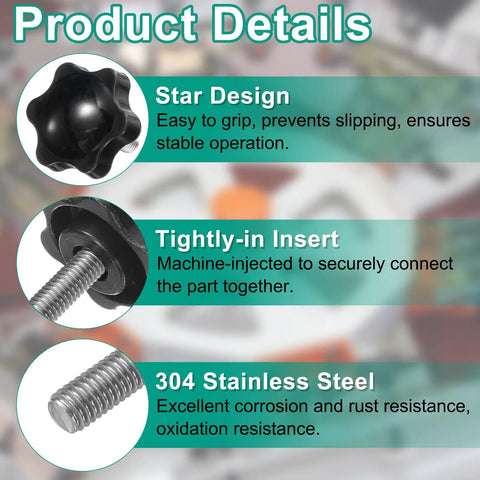 Image showing Four Pack Heavy Duty Star Clamping Knobs With Straight Shot M6 Metric Threads And Rock Solid Stainless Steel Shafts, black grip.