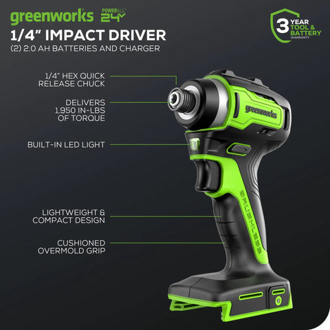 Power Through Anything 24V Brushless Cordless Impact Driver Kit With 1950 In-Lbs Torque, 1/4 In Hex, compact design view