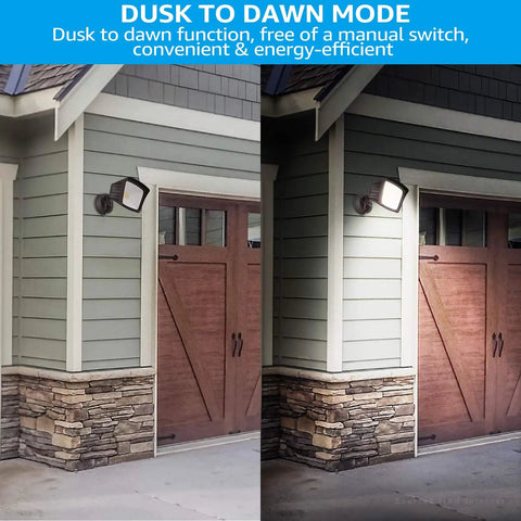 Dusk To Dawn Outdoor Flood Light With Photocell illuminating garage door, showcasing energy efficiency and IP65 waterproof design