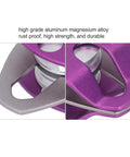 Close-up of Beefy Outdoor Climbing Rescue Pulley With Swing Plate, 32KN Capacity, in purple aluminum magnesium alloy construction.
