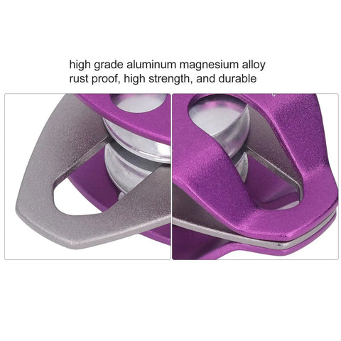 Close-up of Beefy Outdoor Climbing Rescue Pulley With Swing Plate, 32KN Capacity, in purple aluminum magnesium alloy construction.