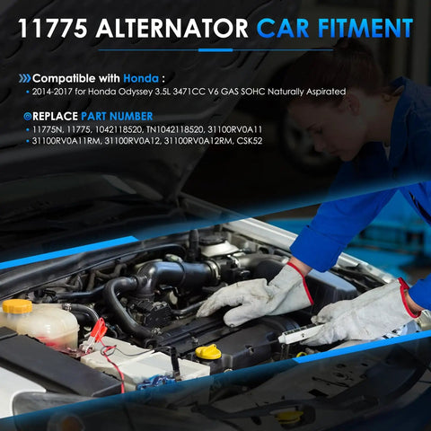 Car Alternator For Honda Odyssey 2014 2015 2016 2017 V6 3.5L Direct Fit OE Replacement, technician installing in engine bay
