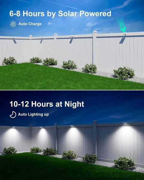 Four Pack White Solar Powered Gutter Lights Outdoor Decorative Waterproof 12 LEDs Yard Lamps illuminating a fence at night.