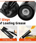 FIXSMITH lever-action grease gun with 12-inch reinforced hose and 7-inch rigid extension; black metal front-view close-up