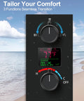 Close-up of the control panel displaying temperature and shower time for GRANDJOY 12" Digital Display Shower System, 3-Function, Matte Black.