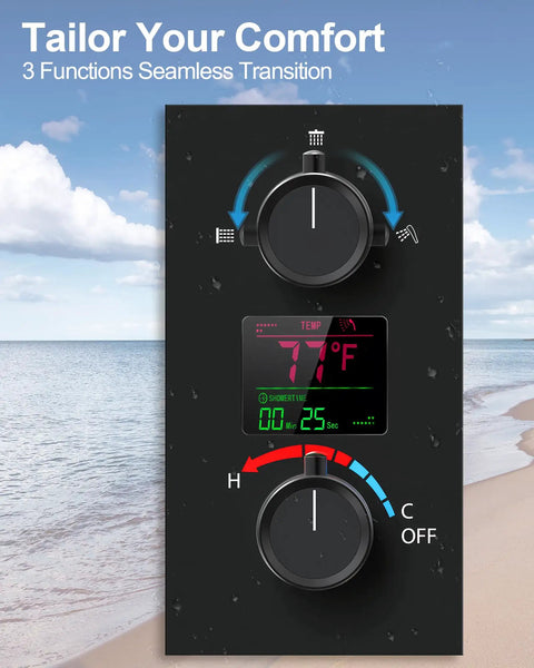 Close-up of the control panel displaying temperature and shower time for GRANDJOY 12" Digital Display Shower System, 3-Function, Matte Black.