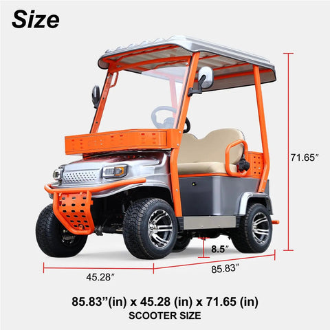 Heavy Duty Electric Golf Cart For Adults With 1800W Motor And 60V Battery Featuring Fixed Canopy Weather Guard dimensions 85.83"x45.28"x71.65"