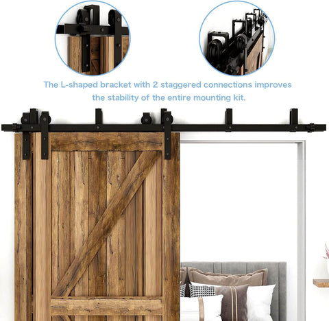 Space Saving Bypass Sliding Barn Door Hardware Kit With Double Track For Low Ceiling Heavy Duty Smooth Glide For Double Wooden Doors