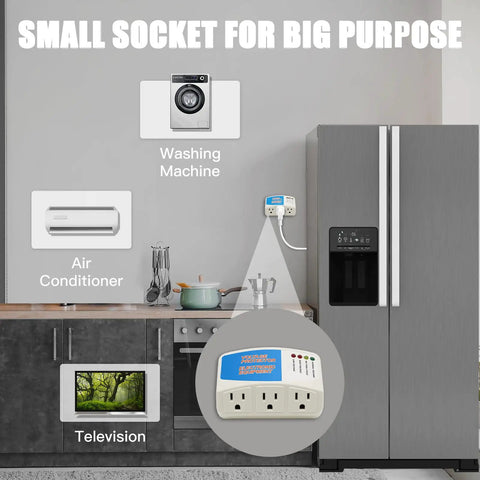 Kitchen setup with Three Outlet Surge Protector Power Strip With Voltage Protector And Brownout Guard For Home Appliances Up To 1875 Watts 120V 15A Two Pack Perfect For ACs Refrigerators Ovens Freezers And More installed next to refrigerator and other appliances.